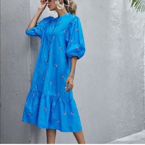 Zara blue puff shoulders maxi floral dress S